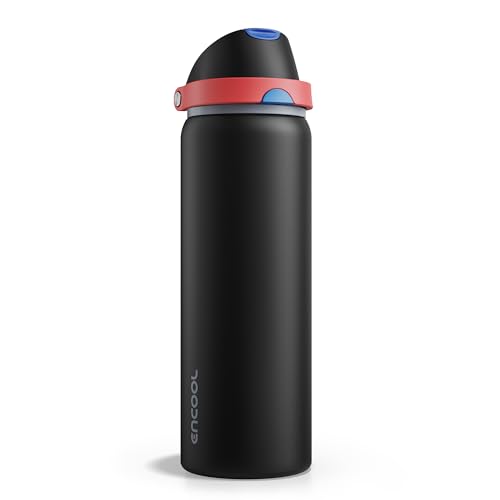 Image of Insulated Water Bottle with Straw - Encool Stainless Steel Water Bottle with Push Button Lid, Leak-Proof & BPA-Free, Keeps Cold for 24 Hours for Sports, Travel, Gym (32 oz, Oil Black)