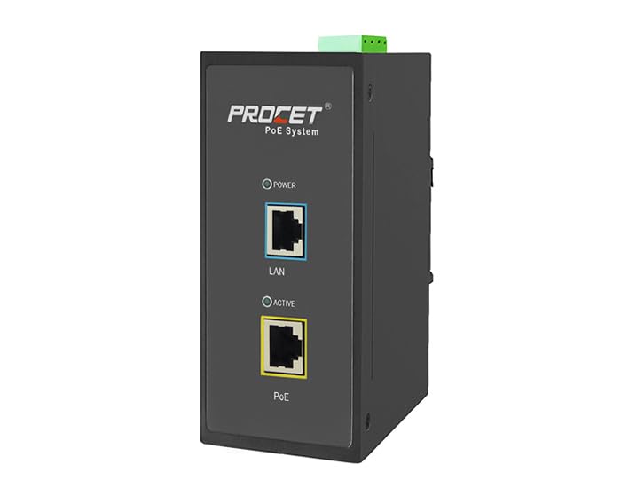 PROCET 10 Gbps PoE+ Gigabit Injector Din Rail, 30W Industrial Boost PoE Adapter with Wide Temp -40°F to 149°F, 6KV Surge Protection, 12-48V DC Input, IEEE802.3af/802.3at, PT-PSE105G-E-10