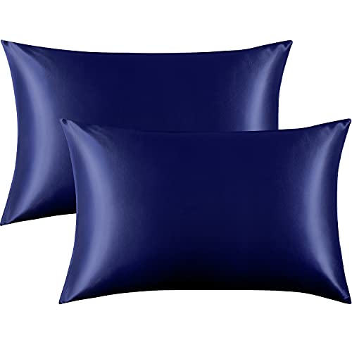 FLXXIE 2 Pack Satin Pillowcases for Skin and Hair, Luxurious and Silky Queen Pillow Cases with Envelope Closure, Navy Blue, 50x75 cm