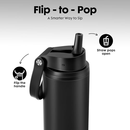 Image of Meoky 24 oz Insulated Water Bottle: Flip-to-Pop Straw, Leak Proof, 24H Cold, Fits in Car Cup Holder, Wide Mouth, BPA-Free, Stainless Steel Water Bottle for Men Travel Sports School, Night