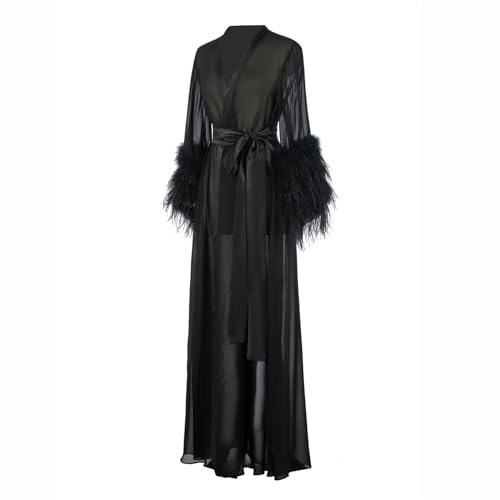 Women's Feather Fur Bridal Sheer Robe Chiffon Lingerie Nightgown Bathrobe Sleepwear Wedding Scarf Illusion Women3