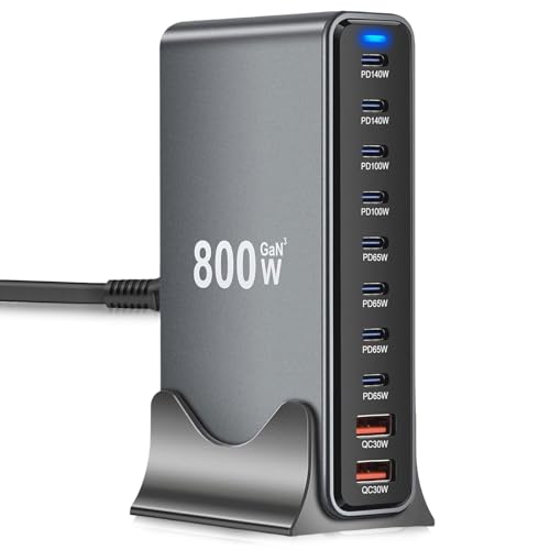 800 W GaN3 cargador múltiple, 10 puertos, estación de carga rápida, 8 puertos USB-C (140 W/100 W/65 W) y 2 puertos USB-A (30 W QC), cargador compacto multidispositivo, compatible con ordenadores