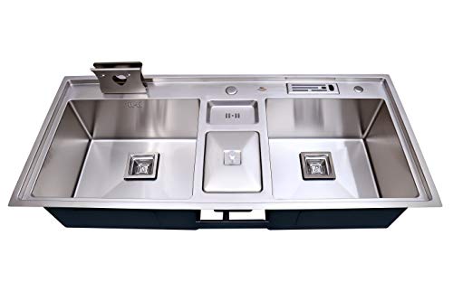 Image of CROCODILE 304 Grade 1.2mm Stainless Steel Kitchen Sink, Double Bowl with Center Dustbin, 45x20 Inch, Brushed Steel Grey, Sound-Dampening, Heavy Duty Undermount Design