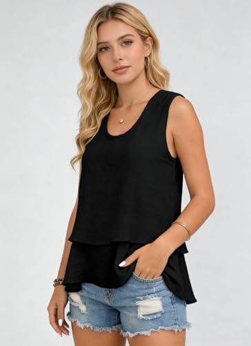 Image of Summer Tops for Women Flowy Chiffon Sleeveless Blouses White Tank Top Woman Ladies Crewneck Double Layers Strap Shirt