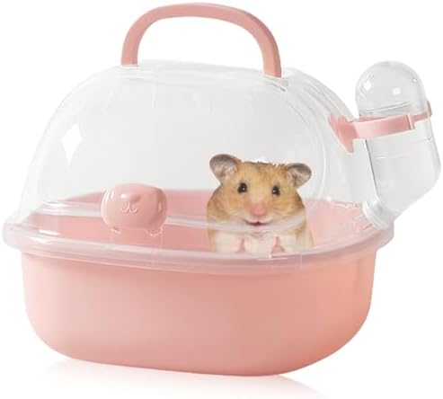 Transportbox Hamster con botella de agua, 20 x 18 x 19 cm, caja portátil para animales pequeños, jaula de transporte con ranuras de ventilación, caja de viaje