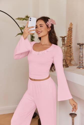 Ekouaer Women s 2 Piece Lounge Sets Bell Long Sleeve Pajamas Outfits Pink - image 2