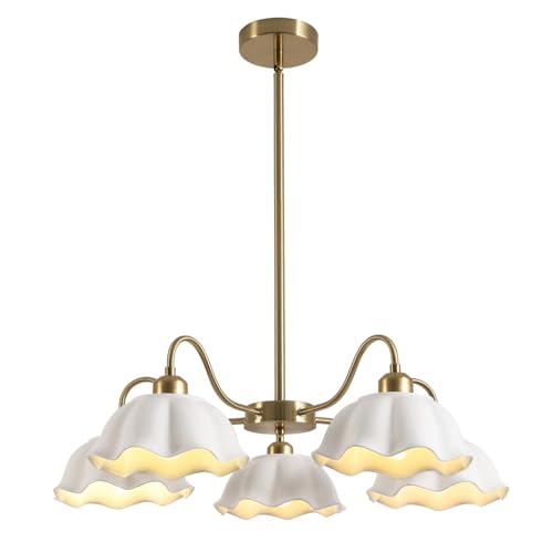 Image of 5-Light Gold Sputnik Chandelier Semi Flush Mount Chandelier Mid Century Modern Sputnik Chandelier with White Ceramic Shade Living Room Finish Brass Chandelier