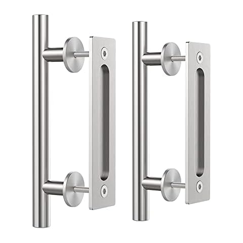 WINSOON 2 Pack 300mm/12 inch Barn Door Stainless Steel Handle Hardware with Flush Finger Pull, Large Rustic, Pull and Flush Heavy Duty Handle Pair Set Cover