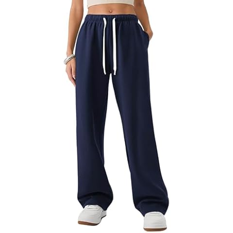 HeSaYep Wide Leg Sweatpants for Women High Waisted Y2K Baggy Sweat Pants Drawstring Athletic Straight Leg Trousers Pants with Pockets Navy Blue M Cover