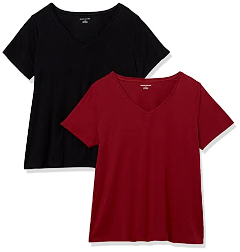 Amazon Essentials Camiseta de Manga Corta con Cuello en V de Talla Grande Mujer, Pack de 2, Negro/Burdeos, 5XL Grande