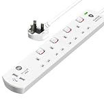 SLx Extension Lead 1m 4 Way Gang Switched Surge Protected Power Strip with 2 USB A Ports & LED Indicator 13A UK Plug & 3 Pin Sockets Wall Mountable Extension Cord for Home, Office or Garage White