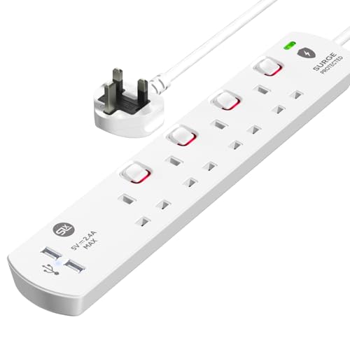 SLx Extension Lead 2m 4 Way Gang Switched Surge Protected Power Strip with 2 USB A Ports & LED Indicator 13A UK Plug & 3 Pin Sockets Wall Mountable Extension Cord for Home, Office or Garage White