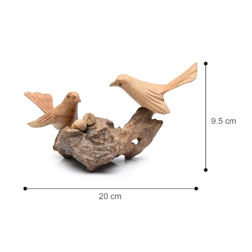 Image of BAGUS Handcrafted Wooden Birds on Nest Sculpture, Traditional Home Decor, Natural Wood Finish, 20X9X9 cm