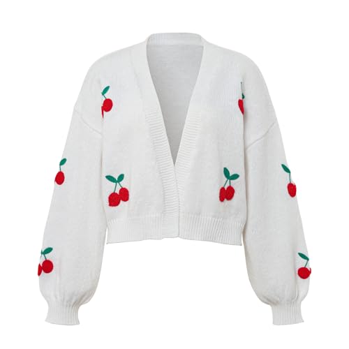 Women's Cherry Gaphic Open Front Long Sleeve Cable Knit Cute Cropped Cardigan