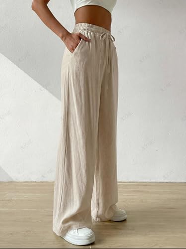 Image of ALYNE Women's Wide Leg Pants High Waisted Linen Look Textured Blend Drawstring Palazzo Trousers with Pockets Casual Relaxed Fit Flowy Soft Comfort Long Pants