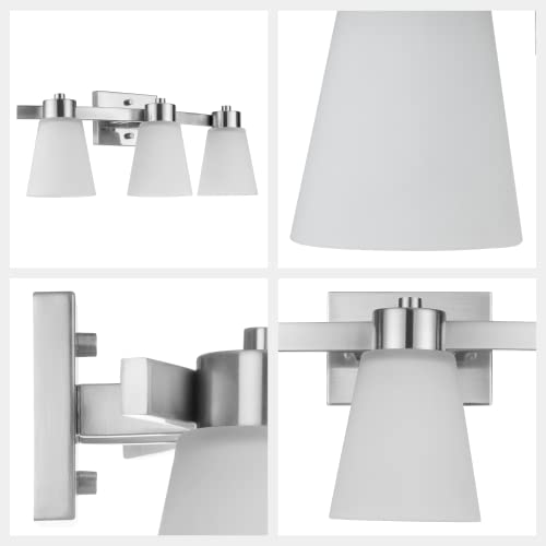 Image of Prominence Home Fairendale 3 Light Brushed Nickel Bathroom Vanity Light with Frosted Glass