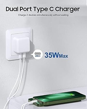 Image of Original 35W PD Dual Port Charger Type C Adapter for iPhone 15 /15 Plus /15 Pro /15 Pro Max,14 /14 Plus /14 Pro /Max,13 /12 /11 Series Multiple Protection USB-C 35 Watt Mobile Charger (DEC199)