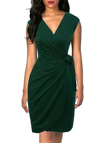 Berydress Women's Vintage V-Neck Sheath Casual Party Work Faux Black Wrap Dress (L, 6028-Dark Green)