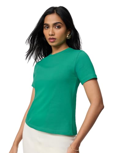 Image of The Souled Store Casual Classics: Women and Girls Short Sleeves Spread Collar Solid Cotton Regular Fit Breathable Lightweight Trendy Everyday T-Shirt