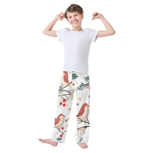 Christmas Bird and Berry Boys Long Pants Soft Trousers Elastic Waist Kids Lounge Bottoms with Pockets S-XL3