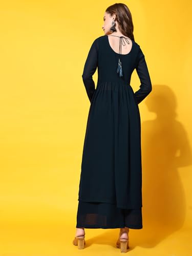 Image of PH POSHAKHUB Women A-Line Nyra Cut Kurta with Sharara in Georgette with Aari Work