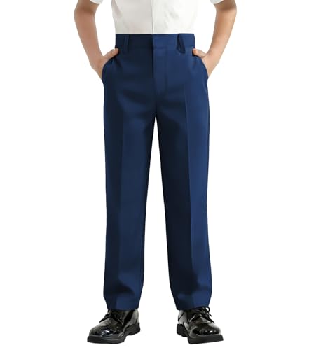 Image of QBK Boys Flat Front Dress Pants Uniform Pants Adjustable Waistband for Toddler to Youth with Pockets