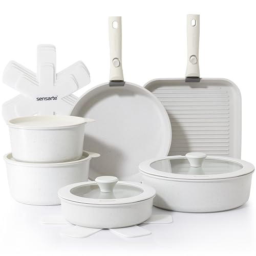 Image of SENSARTE 17 Piece Pots and Pans Set, Nonstick Detachable Handle Cookware Set, Induction Kitchen Cookware Set with Removable Handle, Healthy Non Stick for RV, Dishwasher & Oven Safe, PFOA Free (White)