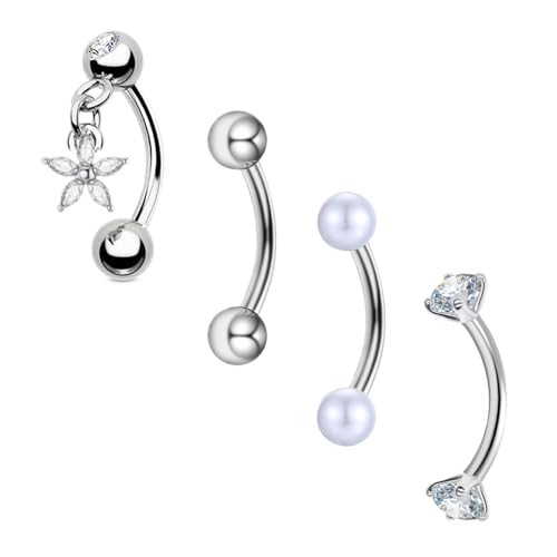 Besyvvin 4pcs Curved Barbell Eyebrow Lip Ring Rook Daith Helix Bars 8mm Stainless Steel 16G Piercing Banana Silver Flower