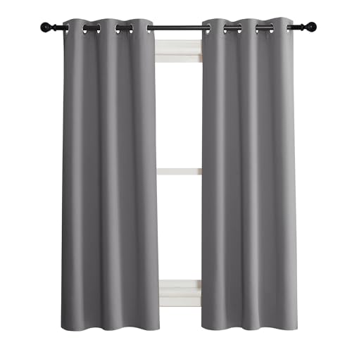 NICETOWN 100% Blackout Short Curtains with Black Liners, 2 Panels, 37" W by 50" L, Grey, Solid Thermal Insulated Full Blackout 2-Layer Lined Drapes, Energy Efficiency Window Draperies for Bedroom
