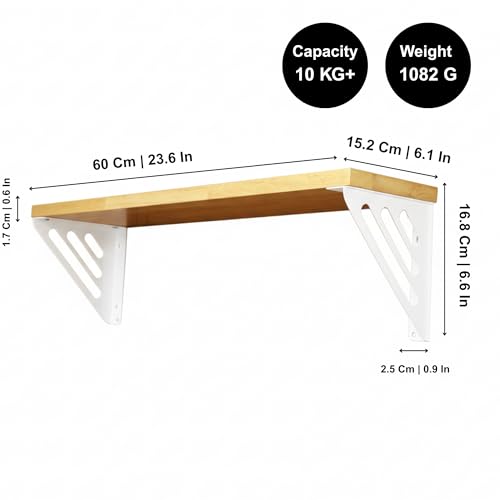 Image of Wall Shelf with Wooden Top Black|White Iron Brackets Storage Rack|Industrial Wall-Mounted Floating Shelf for Living Room,Kitchen,Bathroom (White Lines Large)