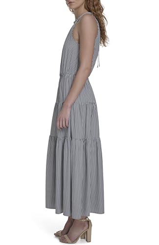 Image of Tommy Hilfiger Women's Sleeveless Halter Neck Seersucker Tiered Skirt Maxi Dress