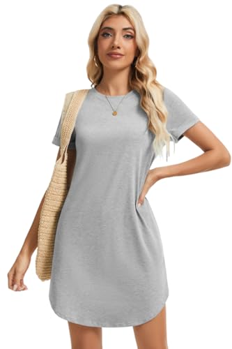 Image of Women's Casual Summer Short Sleeve T-Shirt Dress Crew Neck Loose Solid Color Basic Beach Dresses with Pockets