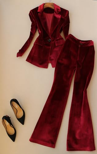 Women's 2 Pieces Velvet Suit Office Work Notch Lapel One Button Jacket Pants Business Tuxedos Set3