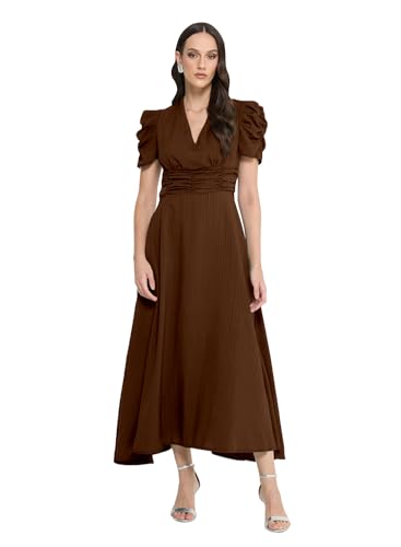 Image of Sugathari Women Women's V-Neck Maxi Dress, A-Line Style, Puff Sleeves, Cinched Waist 246