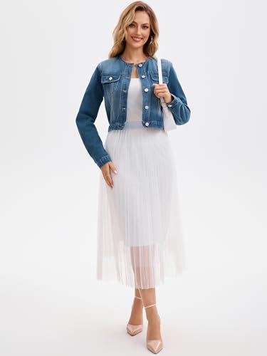 Women's Denim Jacket Collarless Button Down 2025 Western Long Sleeve Jean Jackets3