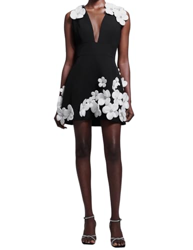 BELLA BARNETT Black Deep V Neck Sleeveless Diamond 4D Flowers Party Dress Mini A Line Prom Dress for Date Night