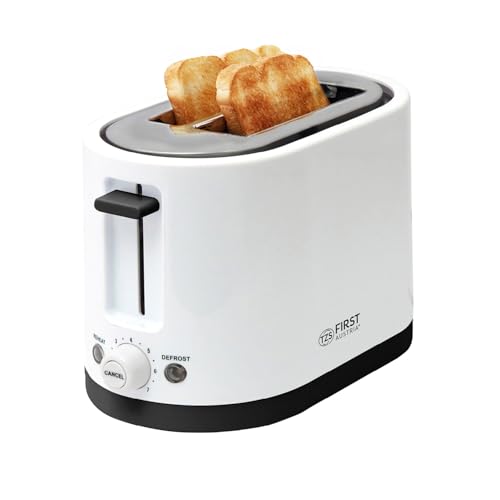 TZS First Austria Tostadora de doble ranura corta, 2 rebanadas, color blanco, 750 W, 7 niveles, función de mantener caliente y descongelar, incluye bandeja recogemigas