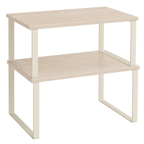 SONGMICS Gewürzregal, 2er Set Küchen-Organizer, Küchenregal, Schrank-Organizer Küche, erweiterbar, kleines Regal, stapelbar, Metall und Holzwerkstoff, travertinbeige-cremeweiß KCS020L01