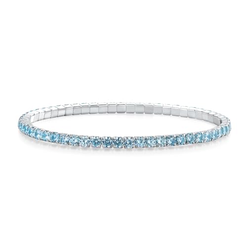 RANDES Aquamarine Tennis Bracelet for Women Sterling Silver Classic 3mm Round Light Blue Gemstone March Birthstone Stretchy Bracelets Stack 7.25 Inch