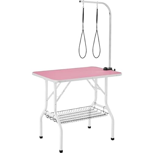 Abician Table de Toilettage pour Chien/Chat/Animaux de Compagnie Table de Toilettage Pliante avec Potence Réglable 2 Sangles 1 Panier de Rangement Plan de Travail Antidérapant Rose