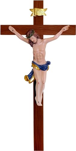 Kaltner Präsente Idea de regalo – Crucifijo de madera de madera con figura de Jesucristo de piedra artificial pintada a mano/cruz de nogal teñida (altura 35 cm)