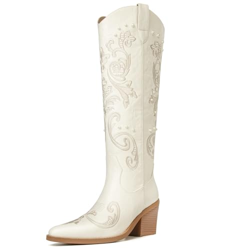 Image of Western Cowboy Boots for Women Knee High Cowgirl Boots with Classic Embroidered, Pointed Toe Chunky Heel Fashion Retro Classic Pull On Tall Boot Women Fall Winter