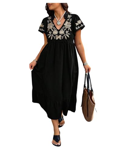 BEAUDRM Women's Plus Size Western Floral Embroidery Long Dress Country Ruffle Short Sleeve Flowy Boho Fall Dresses Black X-Large Plus