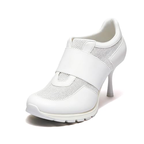 YDN Women's Round Toe Sneaker Heels Pull On Stiletto High Heel with Breathable Mesh Trendy Fashion Daily Casual Shoes Size 7 White