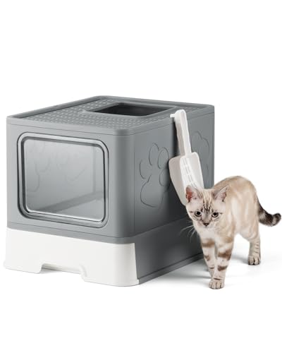 Qualasision Enclosed Cat Litter Box, Large Litter Box for Big Cats, Covered Kitty Litter Boxes with Lid, Top Entry Cat Box Enclosure with Scoop, Odor Control, Easy to Clean(Grey)