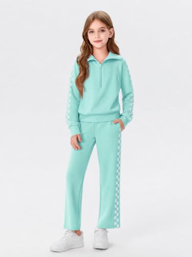 Image of Haloumoning Girls Sweatsuit 2 Piece Zip Long Sleeve Sweat Outfits | Half Zip,Waist drawstring,girls tracksuit