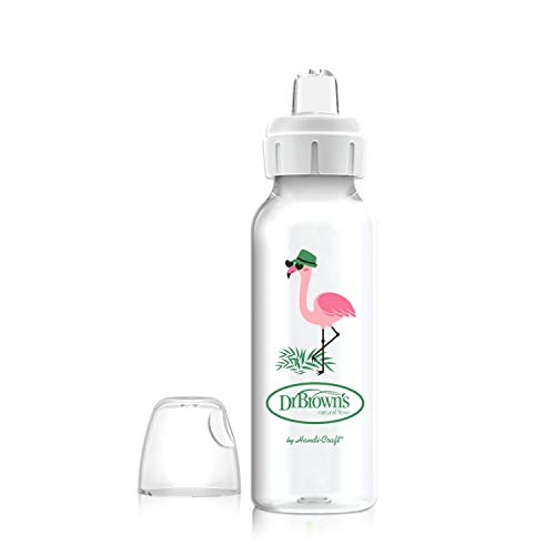 Dr. Brown's Milestones Narrow Sippy Bottle, 100% Silicone Soft Sippy Spout, 8oz/250mL, 6m+, Flamingo