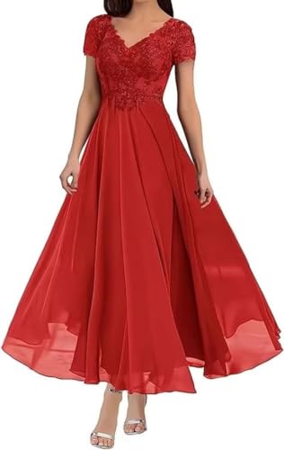 Mother of The Bride Dresses Tea Length Lace Appliques Chiffon Short Sleeve V Neck Formal Evening Dresses for Women