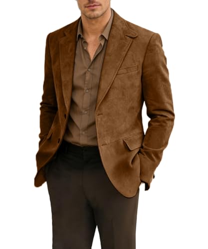 Mens Casual Blazer Brown Suede Slim Fit Vintage Jacket 2 Button Sport Coat for Winter Business Party Prom S