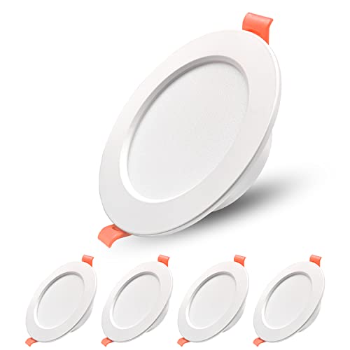 Sweier IP44 Downlight LED Techo Empotrable Ultrafino. 5W Aluminio die-Casting ojo de buey 6000K Frío 480Lúmenes. AC 220-240V. Orificio 70-85mm. Pack 5